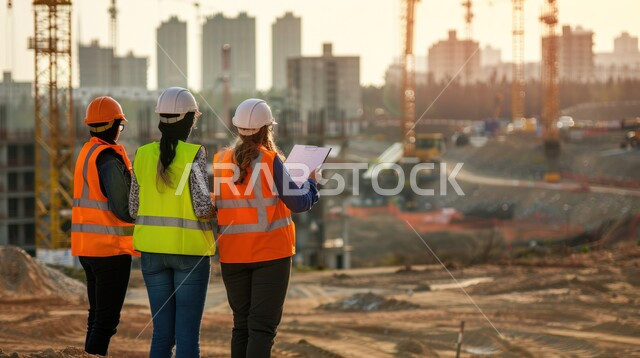 مفهوم التطور التقدم العمراني في السعودية ,الاشراف على سير خطة العمل في موقع الانشاء, صورة من الخلف لمجموعه من المهندسين العربيين الخليجيين السعوديين يرتدون خوذة الحماية يعملون في المجال الهندسي, مهن ووظائف سعودية, متابعة ومراقبة عملية البناء 