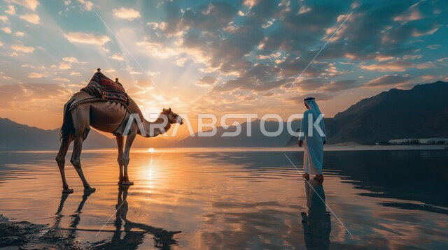 مفهوم السفر على حيوان الابل, وسائل مواصلات قديمة , صورة من الخلف لرجل عربي خليجي سعودي يقف في المناطق الصحراوية مع الجمل على الرمال الذهبية الناعمة وقت غروب الشمس في المملكة العربيه السعودية, خلفية الطبيعه الرملية