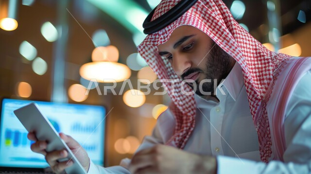 استخدام الأجهزة والتقنيات الحديثة لتسهيل الأعمال, رجل أعمال عربي سعودي خليجي يرتدي الشماغ والثوب التقليدي يجلس في مكتبه ويستخدم جهاز التابلت بتعابير السرور, إجراء مقابلات عمل أونلاين, مهن ووظائف سعودية مكتبية, التواصل مع الاهل و الاقارب