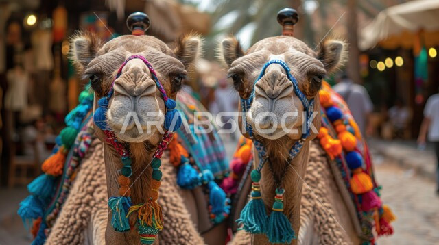 مفهوم رعاية المواشي والثدييات، رسوم توضيحية ثلاثية الأبعاد لحيوان الجمل سفينة الصحراء، حيوانات التنقل والسفر في القدم، الاهتمام في تربية الجمال والإبل