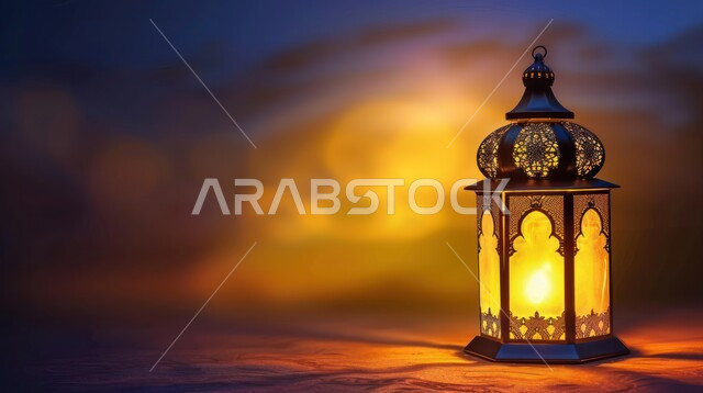  فوانيس وتحف وديكورات تقليدية للاحتفال بقدوم شهر رمضان المبارك، أجواء رمضانية وروحانية إسلامية, فانوس عربي معدني مزخرف مع شمعة مضيئة على الأرض، العادات والتقاليد العربية في زينة الأعياد والمناسبات الدينية