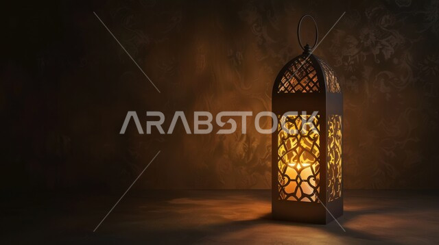  فانوس عربي معدني مزخرف مع شمعة مضيئة على الأرض، العادات والتقاليد العربية في زينة الأعياد والمناسبات الدينية، فوانيس وتحف وديكورات تقليدية للاحتفال بقدوم شهر رمضان المبارك، أجواء رمضانية وروحانية إسلامية