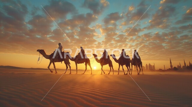 وسائل مواصلات قديمة، مفهوم السفر على حيوان الابل, صورة من الخلف لمجموعة من الرجال العرب السعوديون يمتطون الجمل في المناطق الصحراوية على الرمال الذهبية الناعمة وقت غروب الشمس في المملكة العربيه السعودية, خلفية الطبيعه الرملية
