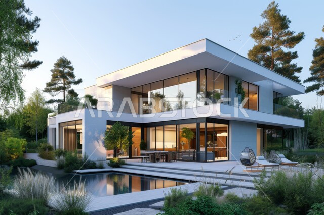 الفن الهندسي المعماري على الطراز الحديث للفلل والشقق السكنية، تصاميم فاخرة لحوض سباحة متميز، نوافذ وواجهات زجاجية، ديكورات خارجية مبتكرة، الاهتمام بزراعة الاشجار و النباتات الخضراء، النمو والتقدم العمراني في المملكة العربية السعودية