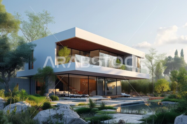 الفن الهندسي المعماري على الطراز الحديث للفلل والشقق السكنية، تصاميم فاخرة لحوض سباحة متميز، نوافذ وواجهات زجاجية، ديكورات خارجية مبتكرة، الاهتمام بزراعة الاشجار و النباتات الخضراء، النمو والتقدم العمراني في المملكة العربية السعودية