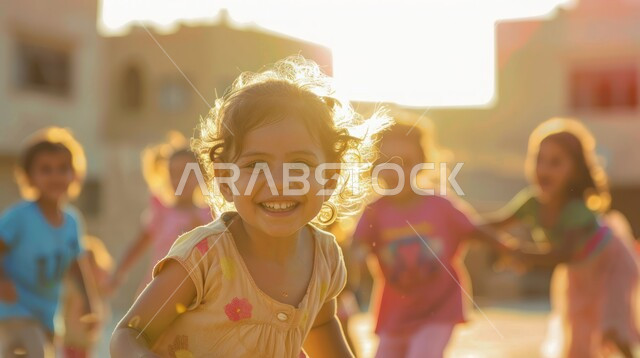 ايماءات وتعابير البشاشة والسرور، الاحتفال بالأعياد والمناسبات الإسلامية السعيدة، ارتداء الأزياء والملابس الجديدة، بهجه وفرحة الأطفال بالعيد السعيد، مجموعة من الأولاد العرب الخليجيين السعوديين في إحدى الأحياء الشعبية