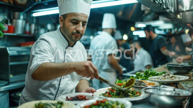 طباخ عربي خليجي سعودي في داخل مطبخ المطعم في مكان العمل يرتدي الزي الرسمي الخاص بمزاولة مهنة الشيف ، طاهٍ خبير وناجح في العمل ، فنون الأكل والتذوق ومهارات الإبتكار، مفهوم مهنة طاهي الطعام