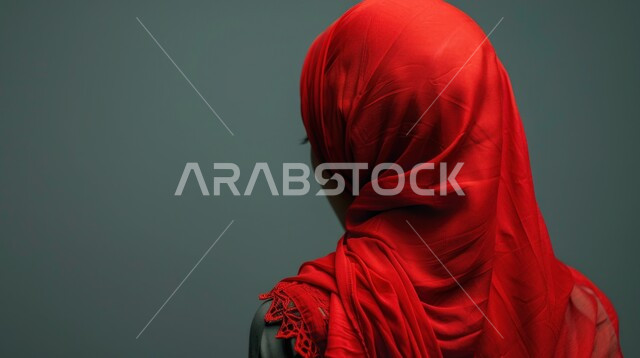 مفهوم الأناقة والاهتمام بالمظهر الخارجي، بورتريه من الخلف لامرأة عربية خليجية سعودية محجبة ترتدي تنظر الى مكان ما، خلفية رمادية