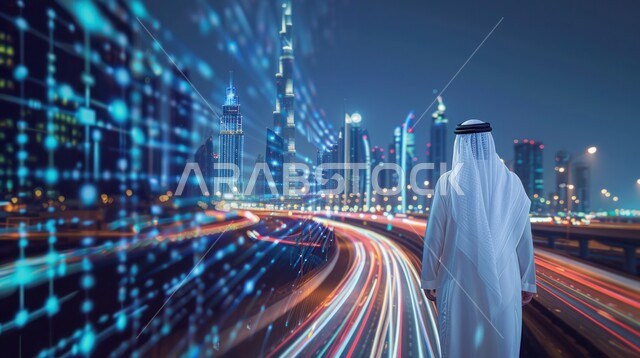  معالم الامارات العربية المتحدة، التطور والنمو العمراني المتقدم للأبراج وناطحات السحاب، الفن الهندسي المعماري على الطراز الحديث للأماكن السياحيه المشهورة, صورة من الخلف لرجل عربي خليجي اماراتي يرتدي الثوب التقليدي والغترة البيضاء