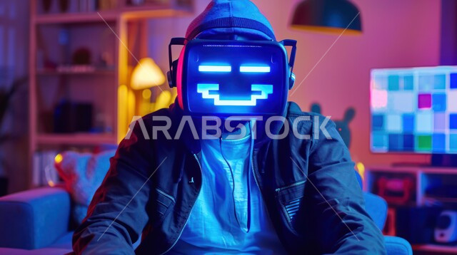 دمج المتعه و التسلية مع التقنيات الحديثة المتطورة، أنشطة ترفيهية مسلية، صورة مقربة لفتى عربي خليجي سعودي يرتدي قناع ماسك الكتروني يقوم بقضاء أوقات ممتعه في العطلة الصيفية