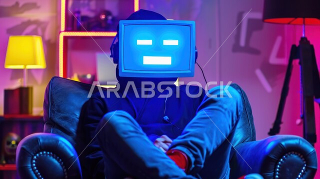 المتعه و التسلية مع التقنيات الحديثة المتطورة، أنشطة ترفيهية مسلية، صورة مقربة لفتى عربي خليجي سعودي يرتدي قناع ماسك الكتروني يقوم بقضاء أوقات ممتعه في العطلة الصيفية