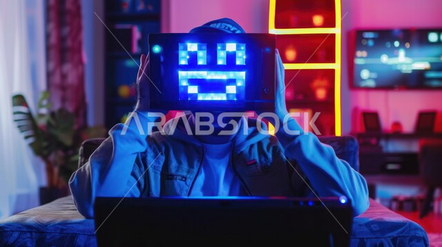 التسلية والمتعة مع التقنيات الحديثة المتطورة، أنشطة ترفيهية مسلية، صورة مقربة لفتى عربي خليجي سعودي يرتدي قناع ماسك الكتروني يقوم بقضاء أوقات ممتعه في العطلة الصيفية