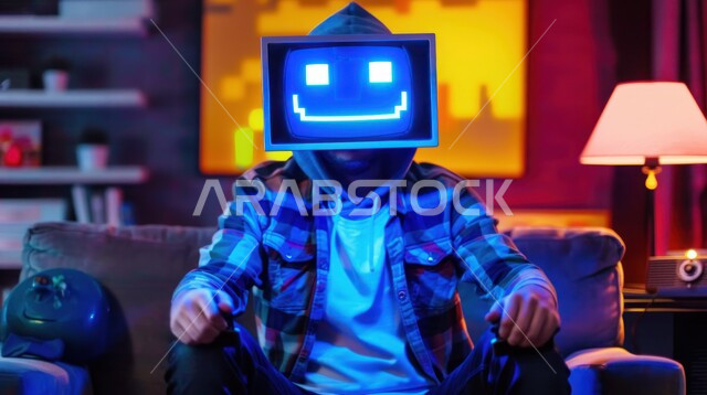 استخدام الأجهزة التقنية والمتطورة، دمج التسلية والمتعة مع التقنيات الحديثة، أنشطة ترفيهية مسلية، صورة مقربة لفتى عربي خليجي سعودي يرتدي قناع ماسك الكتروني يقوم بقضاء أوقات ممتعه في العطلة الصيفية