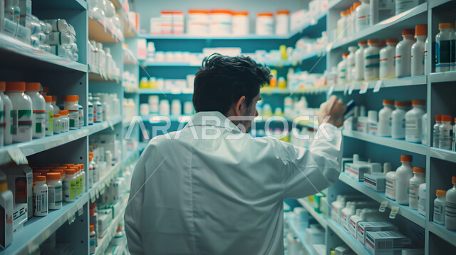البحث عن الوصفة الدوائية, مهن ووظائف سعودية، فحص وجرد مخزون الأدوية والمستلزمات الطبية داخل الصيدلية، صورة مقربة لصيدلاني عربي سعودي خليجي يرتدي اليونيفورم الطبي يقوم بتقديم الرعاية الصحية والوصفات الطبية