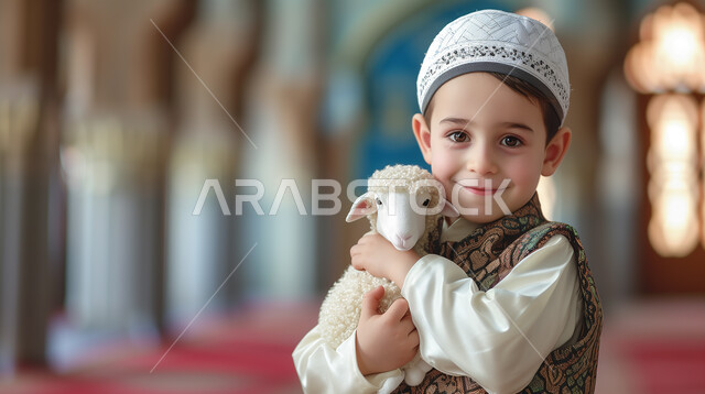 Children’s joy at Eid, Islamic occasions and holidays, a cute little child wearing an Eid outfit and carrying a white sheep doll in his hands, celebration, rejoicing, giving gifts, elegance, new clothes, and attention to appearance