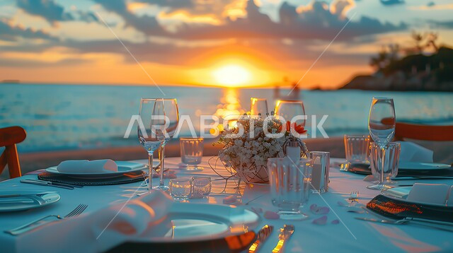 منظر لغروب الشمس على شاطئ البحر, الطبيعة الساحلية للمملكة العربية السعودية, طاولة مزينة بالورود ومجهزة بالأطباق في منتجع الشاطئ, فنادق ومنتجعات وأماكن سياحية, مناطق جذب السياح والزوار, الاستجمام وقضاء الأوقات الممتعة 