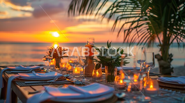  مناطق جذب السياح والزوار, مشهد لغروب الشمس على شاطئ البحر, الطبيعة الساحلية للمملكة العربية السعودية, طاولة مزينة بالورود ومجهزة بالأطباق في منتجع الشاطئ, فنادق ومنتجعات وأماكن سياحية, الاستجمام وقضاء الأوقات الممتعة 
