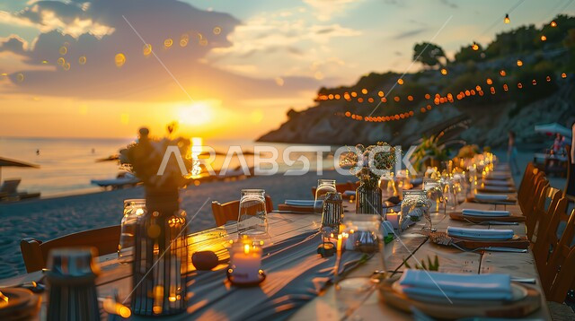 مشهد لغروب الشمس على شاطئ البحر, الطبيعة الساحلية للمملكة العربية السعودية, طاولة مزينة بالورود ومجهزة بالأطباق في منتجع الشاطئ, فنادق ومنتجعات وأماكن سياحية, مناطق جذب السياح والزوار, الاستجمام وقضاء الأوقات الممتعة 