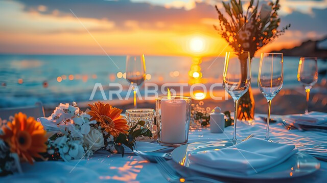 طاولة مزينة بالورود ومجهزة بالأطباق في منتجع الشاطئ, مشهد لغروب الشمس على شاطئ البحر, الطبيعة الساحلية للمملكة العربية السعودية, فنادق ومنتجعات وأماكن سياحية, مناطق جذب السياح والزوار, الاستجمام وقضاء الأوقات الممتعة 