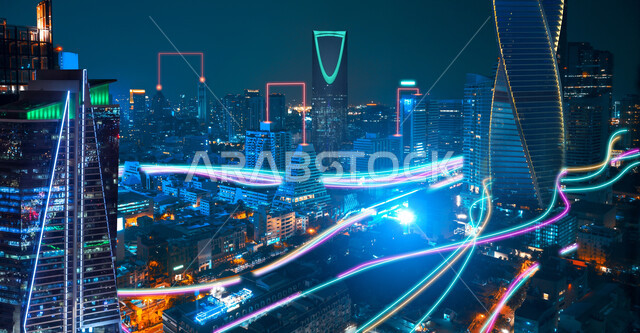 النمو والتطور الرقمي التكنولوجي, التقدم والتطور العمراني في المملكة العربية السعودية, خلفية هولوجرامية لشبكة الاتصالات والتقنيات المتطورة الحديثة, بناء تكنولوجيا المستقبل, رؤية مستقبلية سعودية 2030