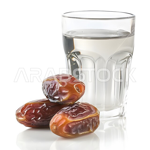ثلاث حبات من التمر السكري الطازج وكأس من الماء, وجبة إفطار الصائم في رمضان, احتواء التمور على العناصر الغذائية المهمة, تمرات إفطار رمضان المغذية, خلفية بيضاء
