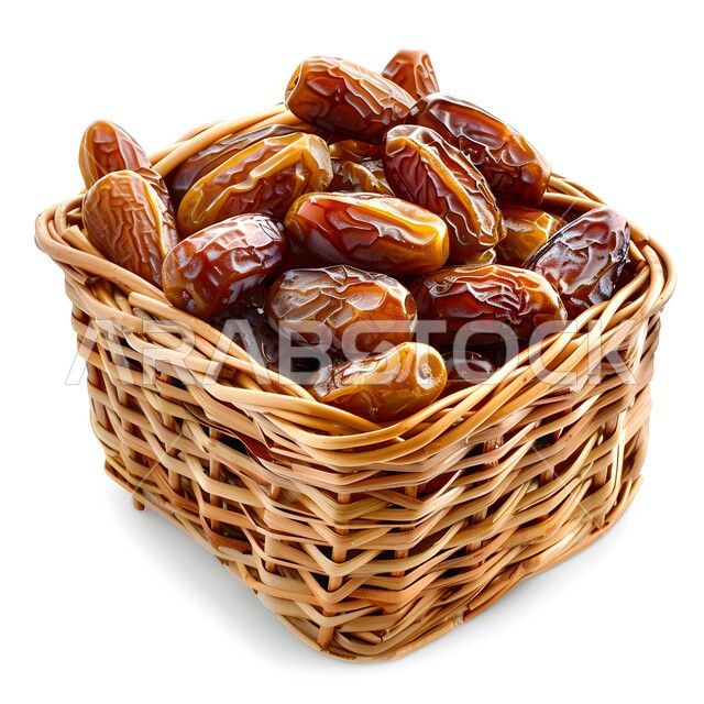 أنواع من التمور الصحية اللذيذة، سلة من القش مليئة بالتمر السكري الرطب من نخيل المملكة العربية السعودية, ضيافة رمضانية صحية ولذيذة، وجبة ذات قيمة غذائية عالية, خلفية بيضاء