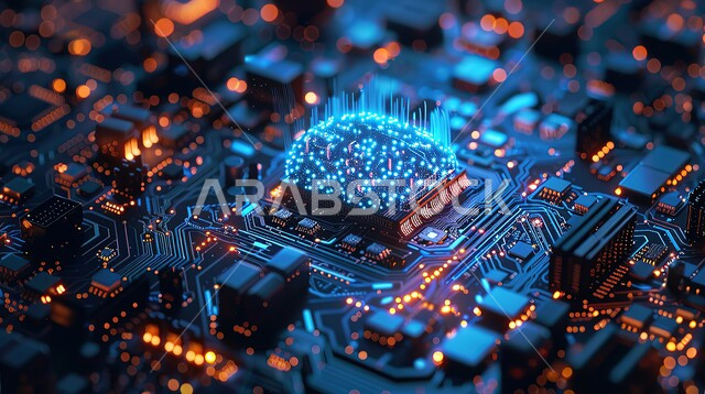 اللوحة الأم في الحاسوب المحمول, رموز رقمية هولوجرامية تمثل الدماغ البشرية, شريحة المعالجة والتحكم بجميع الأوامر الصادرة والواردة, استخدام الذكاء الاصطناعي في تطوير التقنيات الحديثة والتكنولوجيا, التطور الرقمي التكنولوجي في مجال الالكترونيات