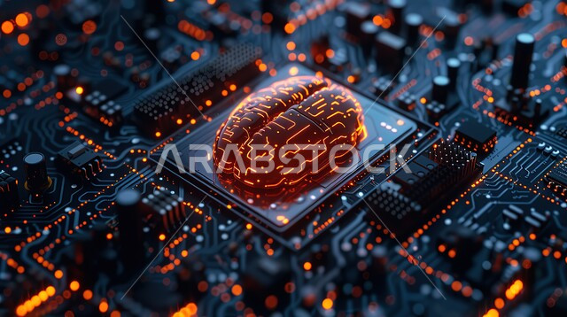 التطور الرقمي التكنولوجي في مجال الالكترونيات, رموز رقمية هولوجرامية تمثل الدماغ البشرية, اللوحة الأم في الحاسوب المحمول, شريحة المعالجة والتحكم بجميع الأوامر الصادرة والواردة, استخدام الذكاء الاصطناعي في تطوير التقنيات الحديثة والتكنولوجيا