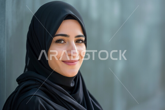  الاهتمام بالمظهر الخارجي، مفهوم الأناقة والأنوثة والشياكة،صورة مقربة لسيدة عربية خليجية سعودية محجبة تنظر إلى الكاميرا بإيماءات الثقة بالنفس والسعادة