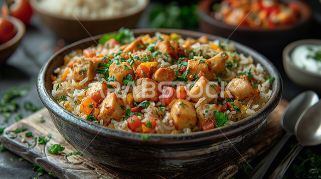 طبق من أرز البرياني اللذيذ مع قطع الدجاج، أكلات شعبية عربية خليجية سعودية، فنون تقديم الطعام في المطاعم الشرقية، مأكولات وأطباق تقليدية، وصفات وأطباق طعام شهية