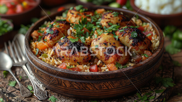 وصفات وأطباق طعام شهية، طبق من أرز البرياني اللذيذ مع قطع الدجاج المشوي، أكلات شعبية عربية خليجية سعودية، فنون تقديم الطعام في المطاعم الشرقية، مأكولات وأطباق تقليدية