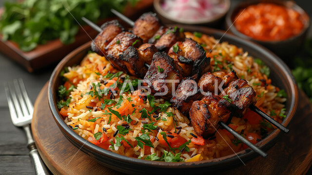 طبق من أرز بخاري مع أسياخ من لحم الغنم المشوية المزينة بالخضار المفرومة، أطباق ووجبات عربية تقليدية شعبية، وصفات طعام المطبخ السعودي، مطاعم للمأكولات العربية الشرقية