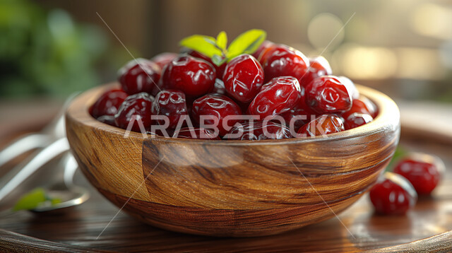 رطب من نخيل المملكة العربية السعودية، محاصيل ومنتجات زراعية محلية وطنية ، طبق خشبي مليء بالتمر السكري الصحي الطازج، وجبة ذات قيمة غذائية عالية، ضيافة رمضانية لذيذة