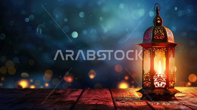 أجواء الروحانية والاحتفال بالمناسبات والأعياد الدينية الاسلامية، البهجة بقدوم شهر الخير، صورة مقربة لفانوس معدني تقليدي مضيء على لوح خشبي، زينة وديكورات رمضان المبارك, خلفية زرقاء