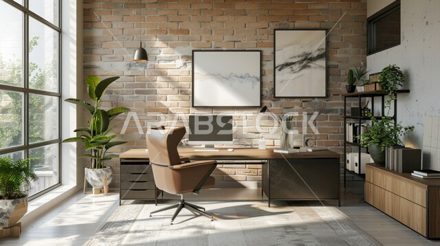 لوحات فنية معلقة ,فنون التصميم الداخلي والهندسة المعمارية، أثاث مكتبي فاخر، غرف مكتبية بديكورات متميزة و تصاميم عصرية وتجهيزات حديثة، الشتلات الزراعية الخضراء