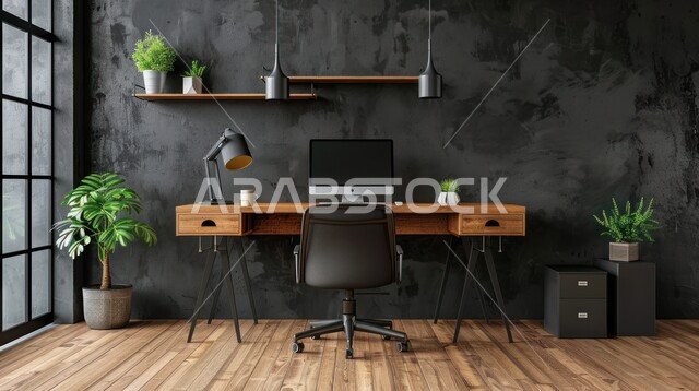فنون التصميم الداخلي والهندسة المعمارية، أثاث مكتبي فاخر، غرف مكتبية بديكورات متميزة و تصاميم عصرية وتجهيزات حديثة، جهاز اللابتوب المحمول، الشتلات الزراعية الخضراء