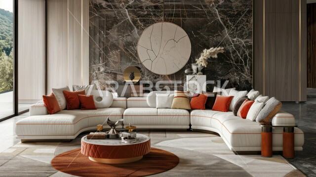 النوافذ والواجهات الزجاجية، التصاميم الداخلية لغرف الجلوس على الطراز الحديث، غرفة معيشة مع أثاث منزلي فاخر، ديكور داخلي راقي للفلل والشقق السكنية في المملكة العربية السعودية