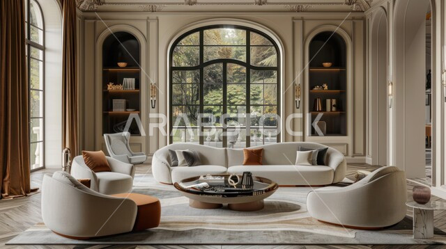 النوافذ والواجهات الزجاجية، التصاميم الداخلية لغرف الجلوس على الطراز الحديث، غرفة معيشة مع أثاث منزلي فاخر، ديكور داخلي راقي للفلل والشقق السكنية في المملكة العربية السعودية