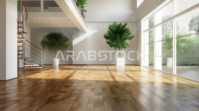 العناية بنبات الزينة المنزلي، غرفة مضيئة بأشعة الشمس المنعكسة على الجدران، غرف بتصاميم وديكورات داخلية حديثه فاخرة، الواجهات الزجاجية المطلة على الطبيعة