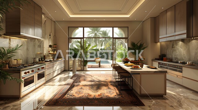 واجهة زجاجية مطلة على الطبيعة الخضراء داخل مطبخ بديكورات داخلية عصرية فاخرة، فنون الهندسة المعمارية المتميزة الحديثة، شقق وفلل سكنية في المملكة العربية السعودية، استخدام الطراز الفني الراقي في الأثاث المنزلي