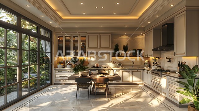 A glass facade overlooking the green nature inside a kitchen with luxurious modern interiors, distinguished modern architectural arts, residential apartments and villas in the Kingdom of Saudi Arabia, the use of sophisticated artistic style in home furniture