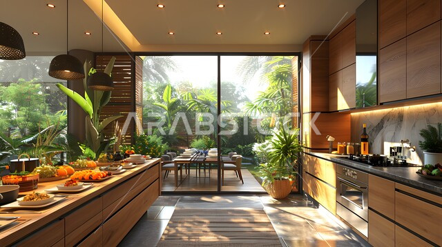 واجهة زجاجية مطلة على الطبيعة الخضراء داخل مطبخ بديكورات داخلية عصرية فاخرة، فنون الهندسة المعمارية المتميزة الحديثة، شقق وفلل سكنية في المملكة العربية السعودية، استخدام الطراز الفني الراقي في الأثاث المنزلي