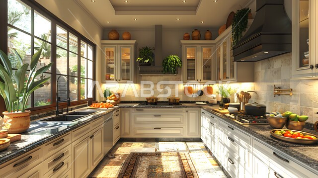 واجهة زجاجية مطلة على الطبيعة الخضراء داخل مطبخ بديكورات داخلية عصرية فاخرة، فنون الهندسة المعمارية المتميزة الحديثة، شقق وفلل سكنية في المملكة العربية السعودية، استخدام الطراز الفني الراقي في الأثاث المنزلي