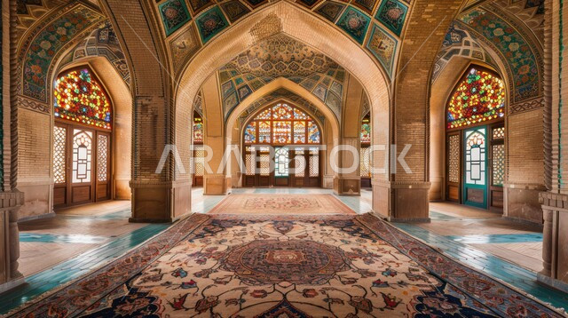 التصاميم والديكورات الداخلية الأنيقة للمساجد، الزخارف والنقوش للاعمدة والاقواس على الطراز الاسلامي، الفن الهندسي المعماري لممر مسجد عربي عريق، مفهوم العبادة والتقرب إلى الله تعالى