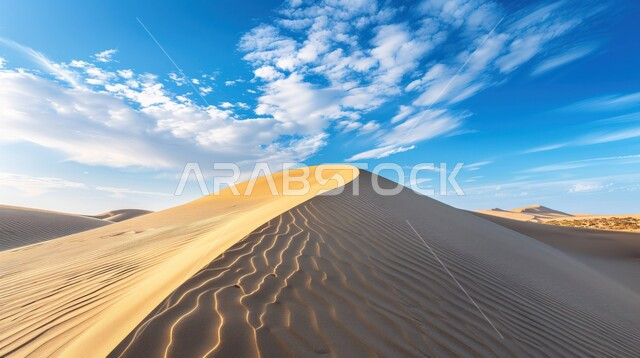 Sand formations and formations in the desert of the Kingdom of Saudi Arabia, the view of the blue sky, terrain, highlands and mountain peaks in the prairies, desert regions and the desert natural environment, plateaus and dunes of soft sand