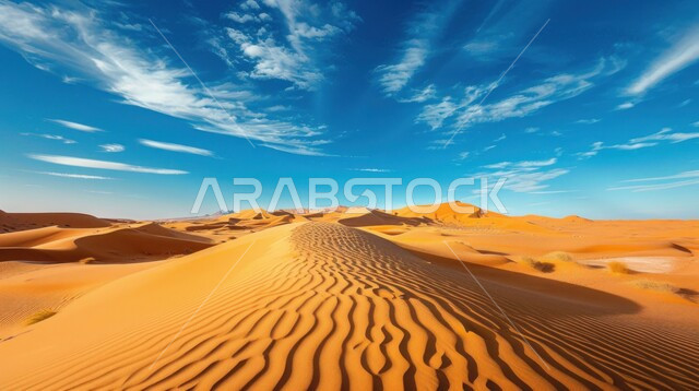 التكوينات والتشكيلات الرملية في صحراء المملكة العربية السعودية، منظر السماء الزرقاء، التضاريس و المرتفعات والقمم الجبلية في البراري، مناطق البادية والبيئة الطبيعية الصحراوية, الهضاب و الكثبان من الرمال الناعمة