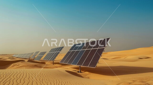 ألواح الطاقة الشمسية على كثبان الرمال الناعمة، التكوينات والتشكيلات الرملية في صحراء المملكة العربية السعودية، التضاريس و المرتفعات والقمم الجبلية في البراري، مناطق البادية والبيئة الطبيعية الصحراوية