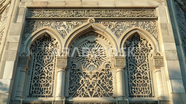 الفن الهندسي العصري الحديث، زخارف معمارية عربية مرسومة على شكل اقواس على جدار من الطوب للمسجد، زخارف ملونة على الطراز الاسلامي, تصاميم وديكورات دينية