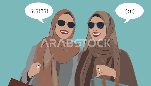 الاهتمام بالأناقة والمظهر الخارجي، مفهوم الأنوثة والنعومة، رسوم توضيحية لشابتان عربيتان خليجيتان سعوديتان محجبتان ترتديان النضارة الشمسية تقومان بالتسوق بإيماءات السرور، حجابات نسائية عصرية حديثة، خلفية زرقاء