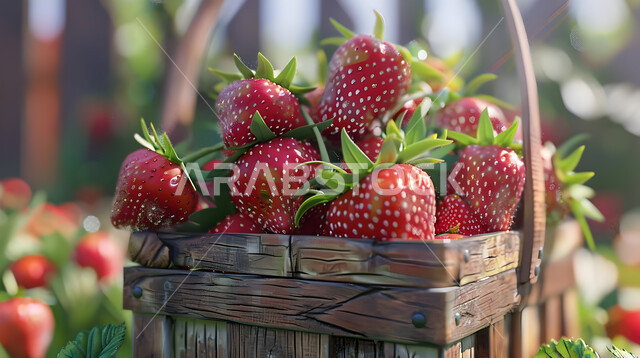 موسم قطاف الستروبيري في المملكة العربية السعودية، ثمار ذات قيمة غذائية عالية، صورة مقربة لحبات من فاكة الفراولة الناضجة المليئة بالفيتامينات داخل صندوق خشبي، محاصيل زراعية محلية وطنية
